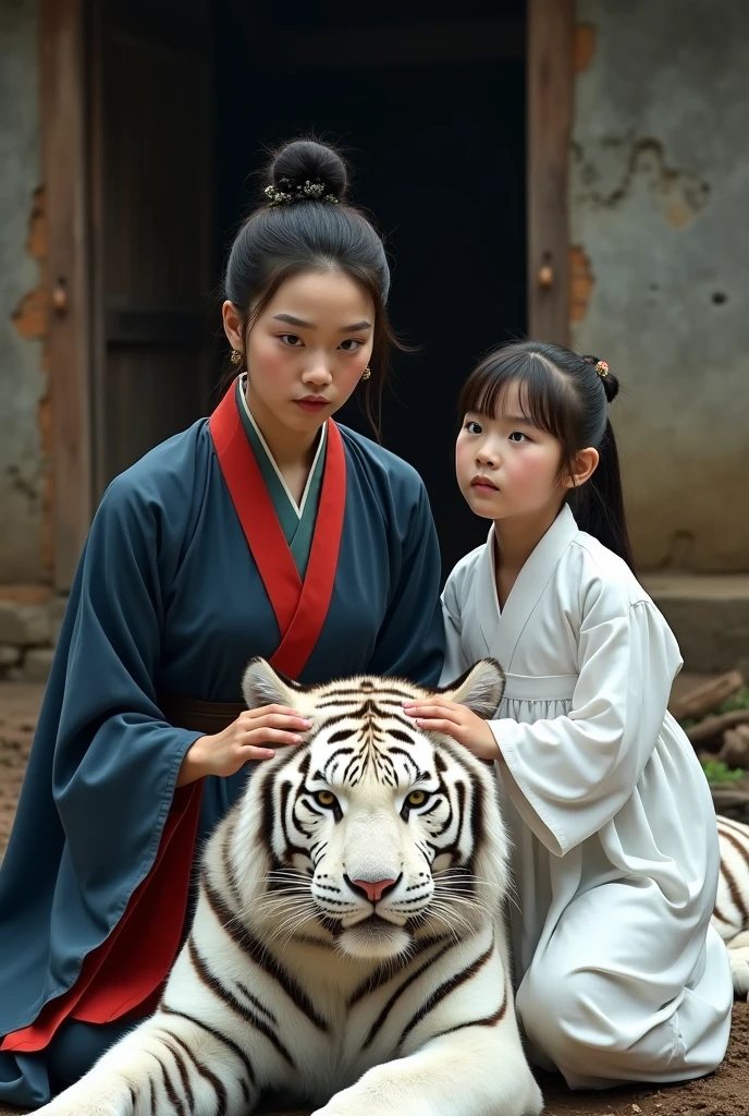 A beautiful young woman with a fierce look in the dark blue and red dress of a Han Fu Dynasty official was shocked to see a ten-year-old girl in a white hunter's uniform sitting next to a white tiger lying next to the wall of a hut in the wilderness. She saw a ten-year-old girl in a white hunter's uniform sitting next to a ten-year-old girl in a white hunter's uniform stroking her head.