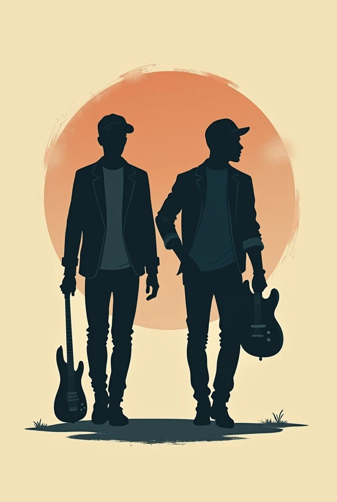 "Create a classic-style logo for a musical group, featuring two silhouettes of young men walking forward from the background. One silhouette holds a electric guitar, and the other carries a bass, with both figures in motion. The design should have a timeless feel, with elegant lines and a slightly vintage aesthetic. The silhouettes should be detailed enough to show the instruments clearly but still retain a level of abstraction. 
