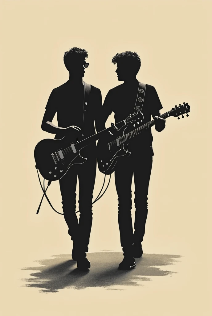 "Create a classic-style logo for a musical group, featuring two silhouettes of young men walking forward from the background. One silhouette holds a electric guitar, and the other carries a bass, with both figures in motion. The design should have a timeless feel, with elegant lines and a slightly vintage aesthetic. The silhouettes should be detailed enough to show the instruments clearly but still retain a level of abstraction. 
