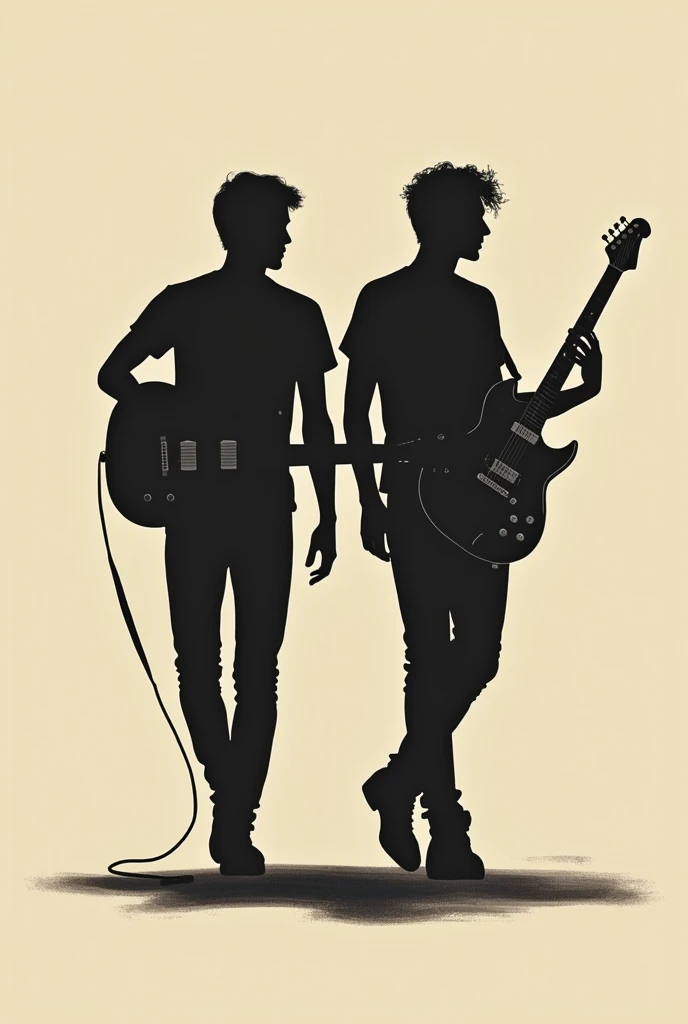 "Create a classic-style logo for a musical group, featuring two silhouettes of young men walking forward from the background. One silhouette holds a electric guitar, and the other carries a bass, with both figures in motion. The design should have a timeless feel, with elegant lines and a slightly vintage aesthetic. The silhouettes should be detailed enough to show the instruments clearly but still retain a level of abstraction.