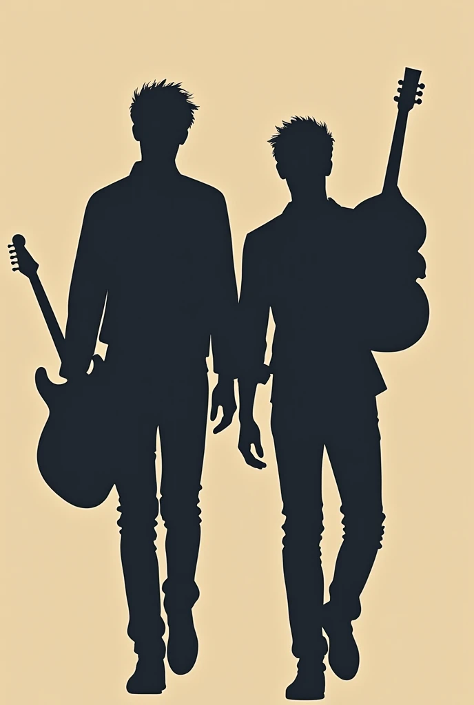 "Create a classic-style logo for a musical group, featuring two silhouettes of young men walking forward from the background. One silhouette holds a electric guitar, and the other carries a bass, with both figures in motion. The design should have a timeless feel, with elegant lines and a slightly vintage aesthetic. The silhouettes should be detailed enough to show the instruments clearly but still retain a level of abstraction.