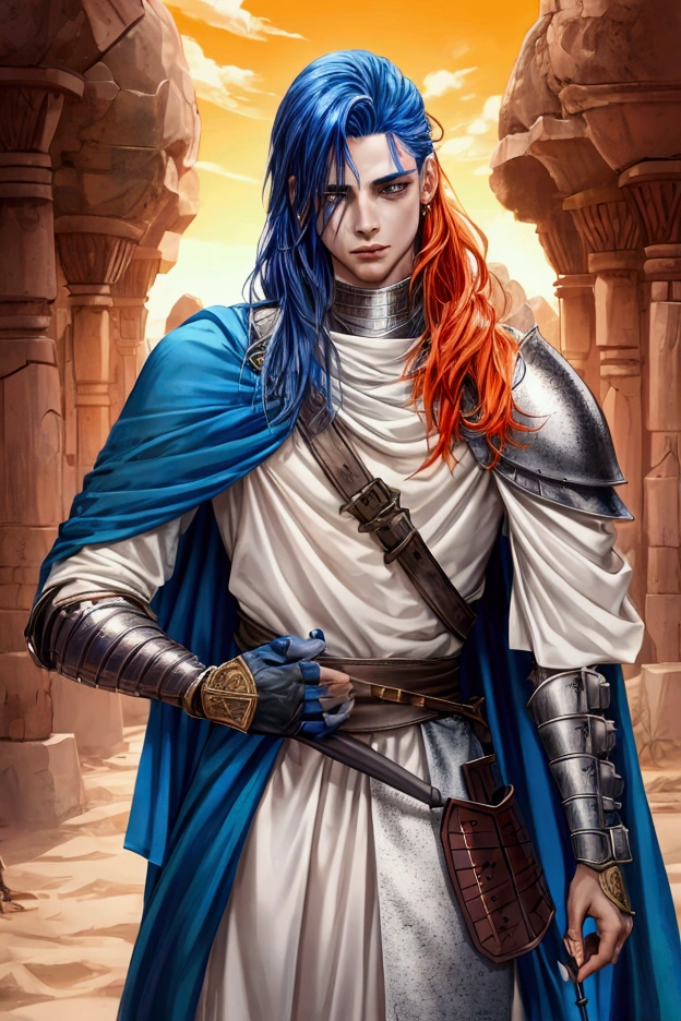 Male character with short blue hair with two long strands, androgynous features on his face, with desert armor (orange), with spade symbols (negro), holding his helmet, next to another gentleman with long red hair, with desert armor de mayor rango (black), with spade symbols (white), Looking towards the camera, Whole body, high quality, detailed, 4k quality lighting, animated style.