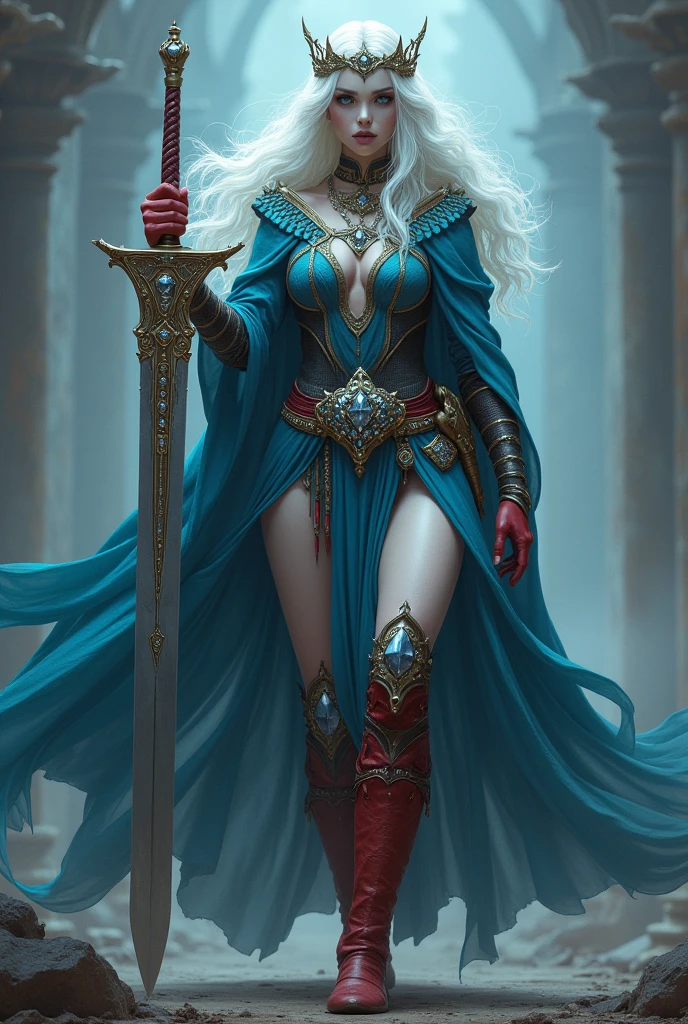 warrior woman with long hair and white skin, and deep eyes in his hand he holds a large sword wearing a blue cape and a diamond belt wearing red boots wearing a ghostly crown 
