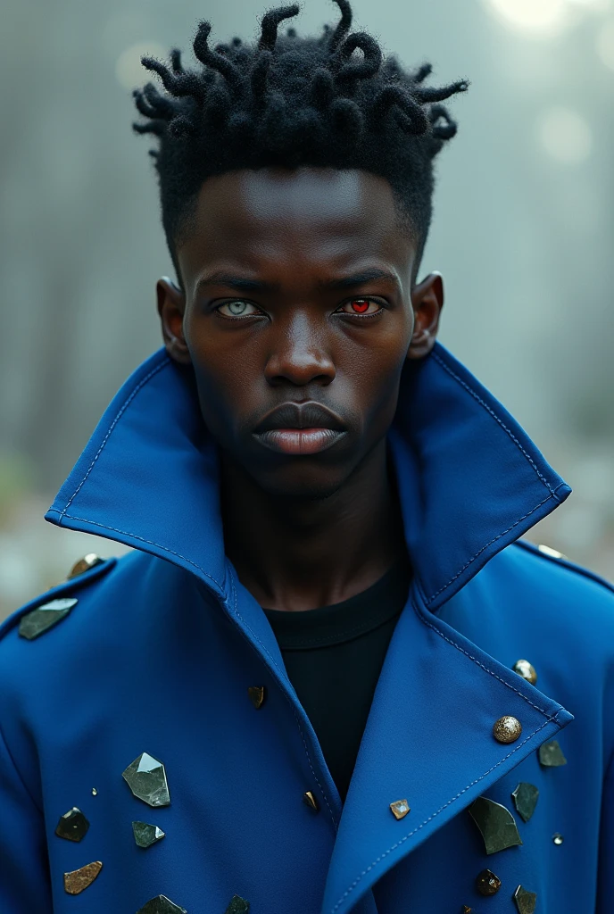 A young black man with spiky black hair,one white eye and one red,a blue overcoat and shards of glass wrapped around it
