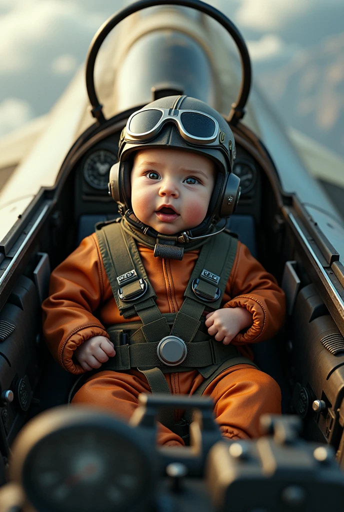 Newborn wearing a fighter pilot suit flying a Mig-1.42 photos of the plane cabin from above, as real as in real life