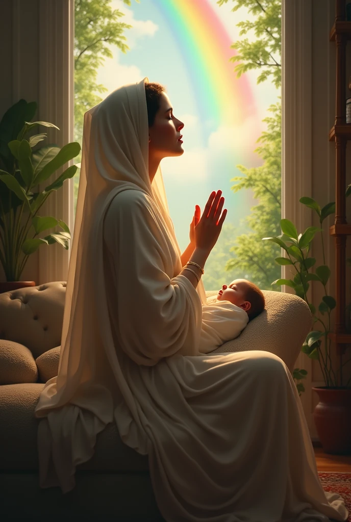 create 3 images, one with the woman praying on her knees, the second looking at the rainbow, and the third with a baby in her arms