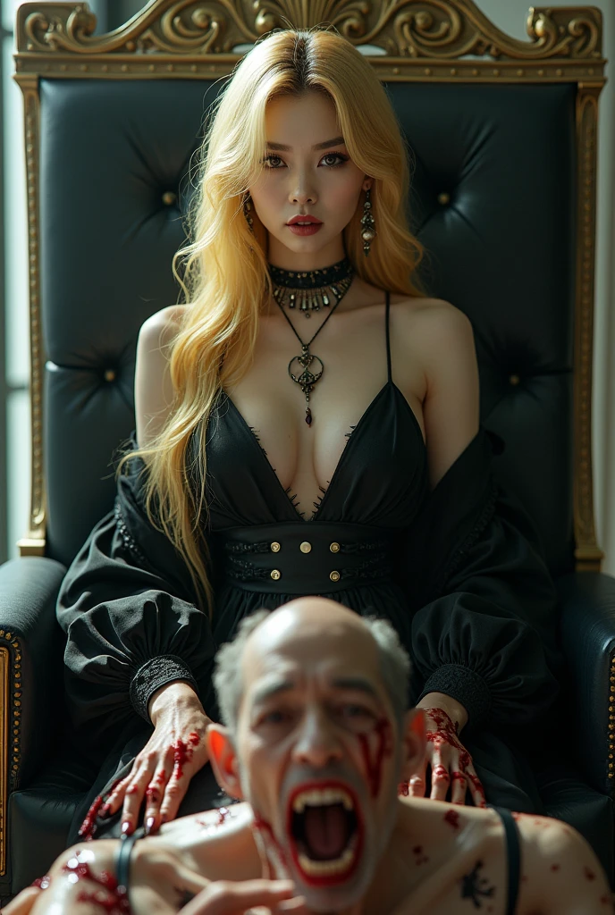 (((photorealistic:1.4))), ultra realistic, pores, (((masterpiece))),high quality, ultra details, realistic white skin beautiful face pretty korean idol girl showing very long sharp black shiny fingernails, random expression, model pose, very pretty, vein on hands, wearing sexy bloody outfit, ring on fingers, long yellow hair, long earrings, big necklace, sitting on the throne with high heels stepping on tired expression of realistic ugly old man tied up on the floor with throat ripped, show organs, get burned, no hands and legs, hose on the body, scratch mark, blood splatter everywhere, no hands and legs, extreme gore, looking at camera, night, luxury throne, modern kingdom, high key, bright, vagina smothering, people arround