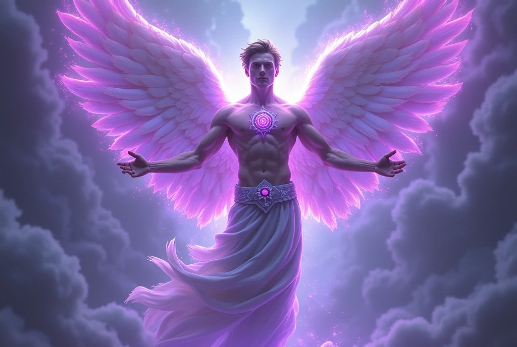 Male violet flame angel with open wings 
