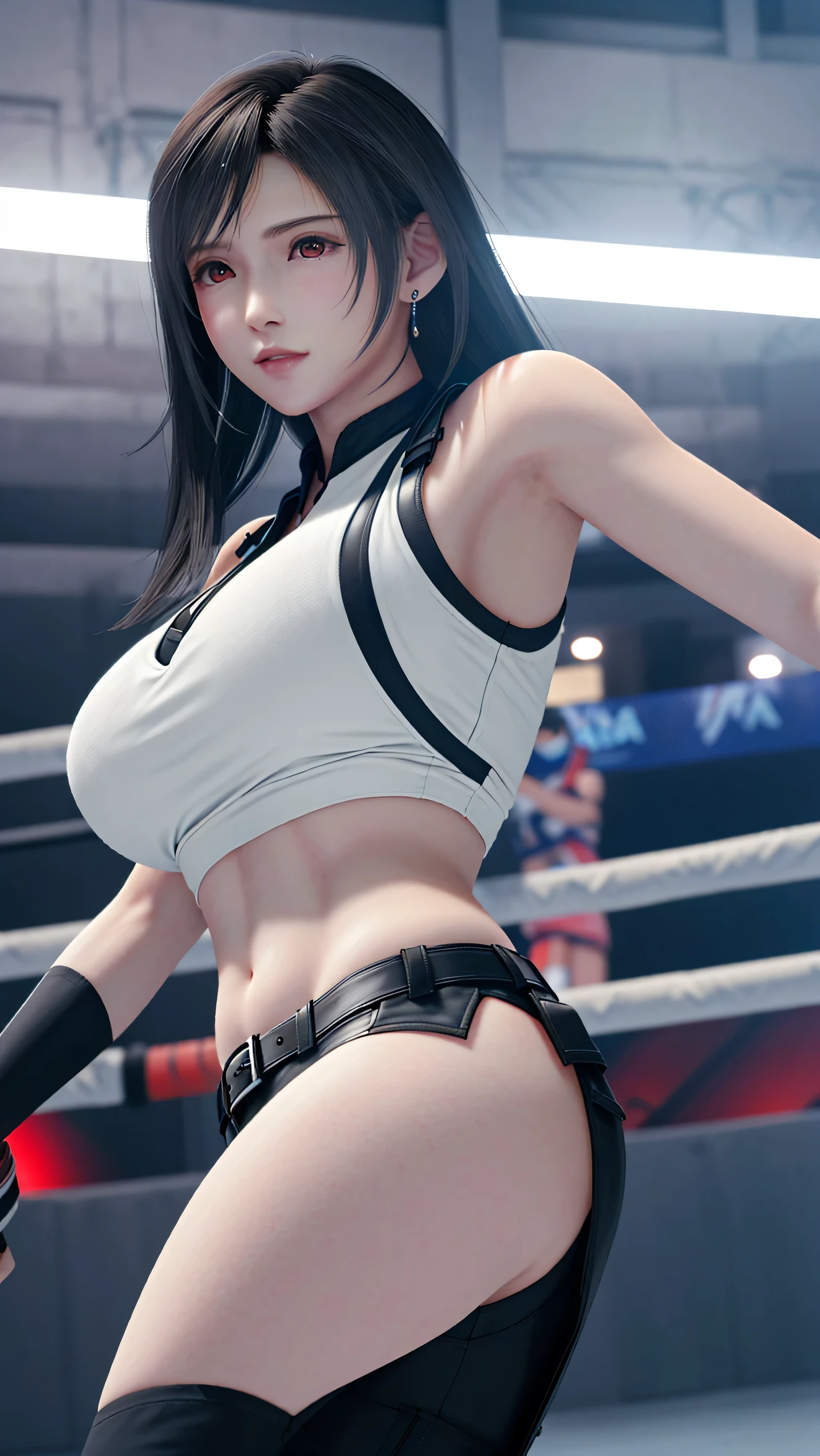 8k,masterpiece, Highest quality,big breast, (1 person:1.5), Tifa Lockhart, red_eye, Black Hair, Long Hair, Professional Lighting, (Glowing Skin: 1.2), shiny sweat, ((Highest quality)), Sharp focus: 1.2, Highly detailed face and skin texture, detailed eye, Perfect Face, Perfect body, CG, Huge Breasts, before (Age 25, Mature, cool and beautiful face), (on MMA Arena :1.5), (wearing MMA uniform:1.5, white tops and black bottoms:1.3), thigh, belly button,Fighter,glaring,(Look At View:1.2),From below,Full body, Dynamic Angle,
