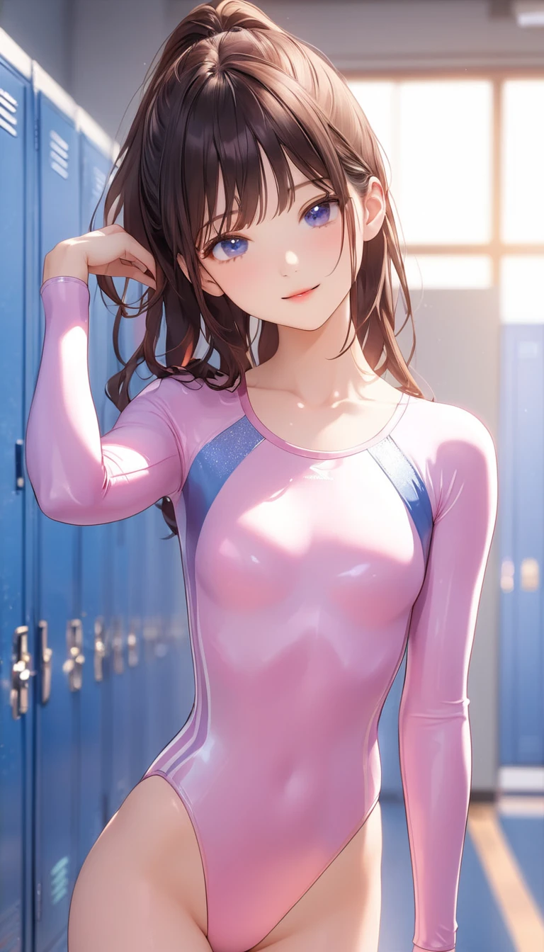 highquality illustration, masterpiece, very delicate and beautiful, attractive girl,((gymnastics leotard,tight-fit
leotard,long sleeve leotard,long sleeve leotard,high leg leotard,athletic leotard)),thin,slender body,slim,high school,gymnasium,gymnastics club,locker room,beautiful eyes,(masterpiece, best quality:1.2), highres, extremely detailed CG unity 8k wallpaper, perfect lighting, Colourful, ultra-high res,4K,ultra-detailed, photography, 8K, HDR, s,cowboy shot,