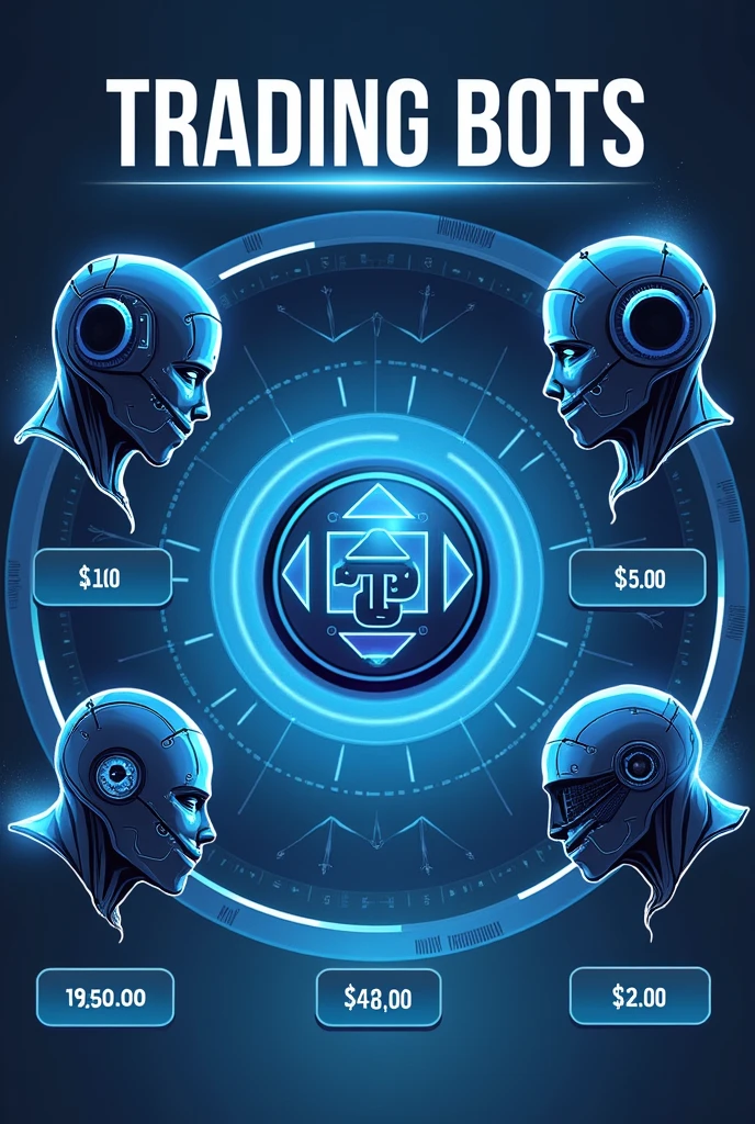 Generate me an image with 5 names of trading bots that have a cost of 70 to 50 dollars and that 2 of those 5 are called banker and another racr.fx, The image is to sell a product that has almost the price and name below and put images of forex trading bots 
