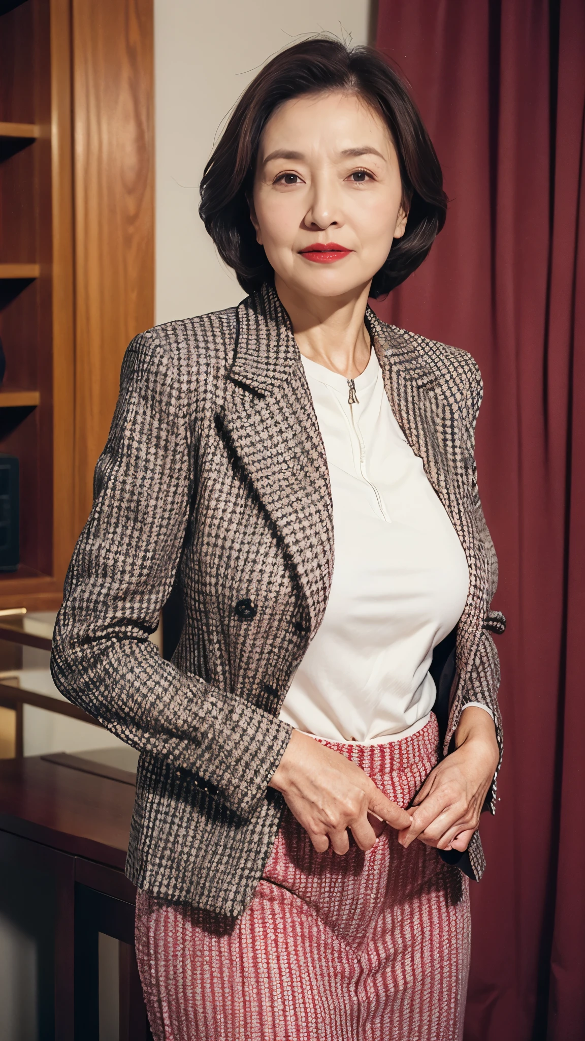 on the bed, gravure, facing front, ((Wearing a dog collar)), Fancy makeup, from the chest up, masterpiece, Best Quality, Ultra-detailed, Photorealistic, super detailed skin, Perfect Anatomy, (1 japanese mature woman), (Solo), 95 years old, Large breasts, Mature Woman Politician, glamor, A sexy, Chromo-white skin, Looking at Viewer,
