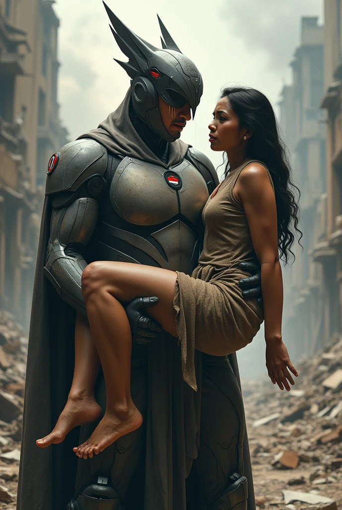 an Indonesian man wearing a super garuda outfit, Garuda bird head shaped helmet ,while crying, shout, and shed tears, very deep sadness, tema robotic modern, with intricate and perfect details with a small Indonesian flag logo on the left chest, raised a beautiful woman , a little fat, with shabby clothes,  full of wounds, with the background of a ruined abandoned city, and smoke, futuristic, realistic, artistic, with perfect lighting makes it even more perfect.