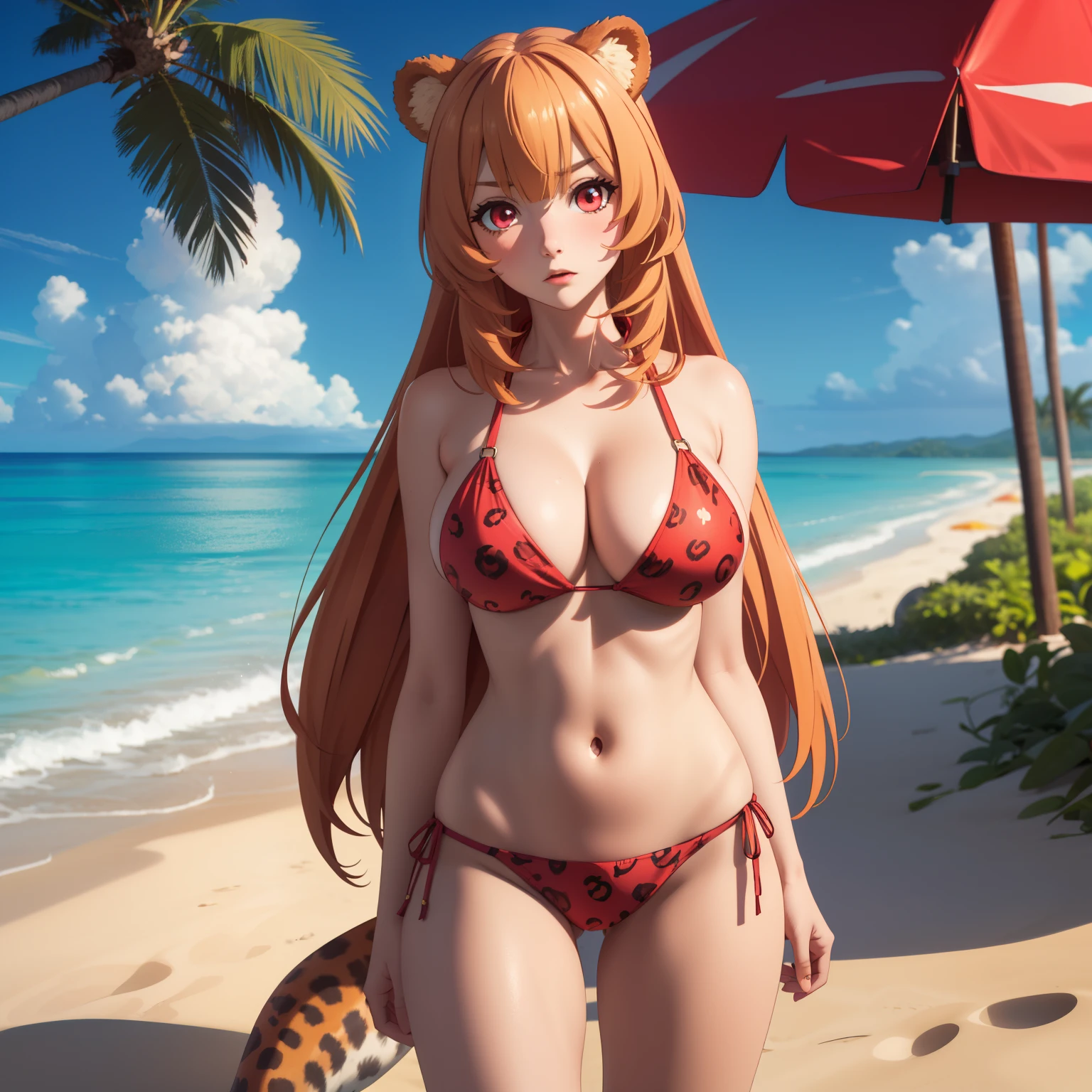 Raphtalia woman ,bright orange blonde hair , red eyes like rubies , confused expression of confusion, bear ears, pink bikini with jaguar design, background a tropical beach, very big breasts.