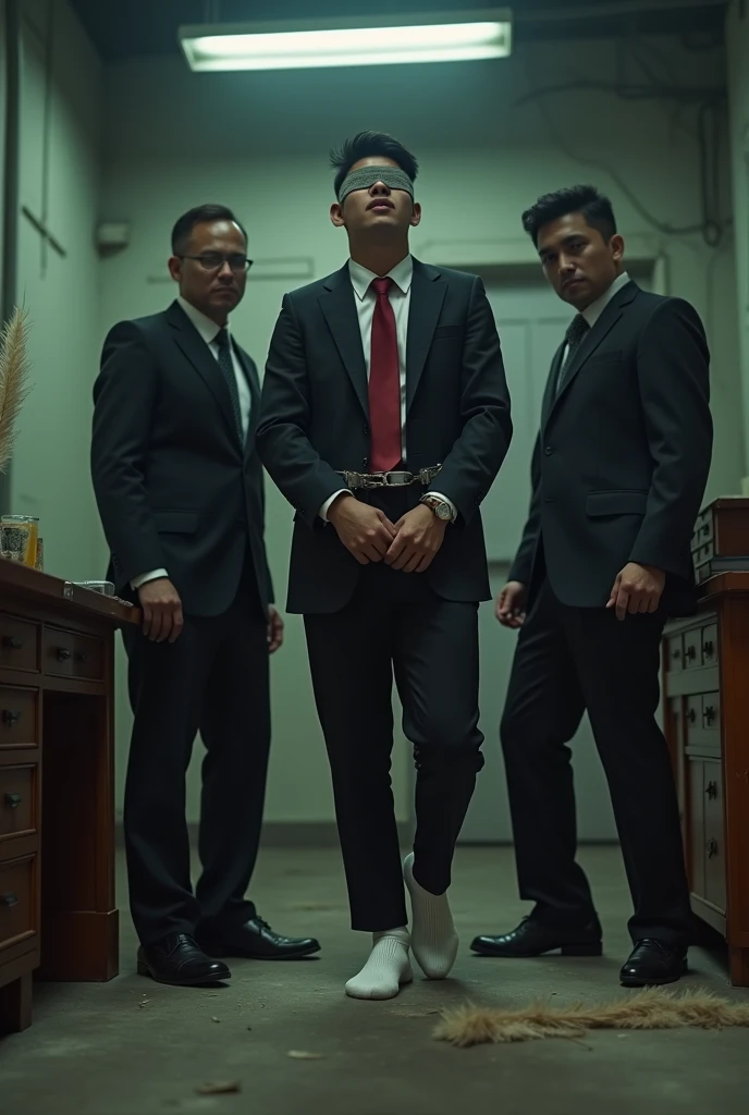 Malaysia malay handsome 19 years student
He laugh very hard
His hand handcuff in abondon warehouse
Blindfolded
handcuff
Black Work Outfit Red tie
Focus feet on desk
feather duster on desk
White sock
2 evil mafia tickle his feet
