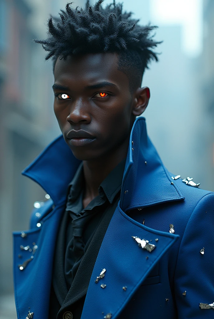 A young black man with spiky black hair,one white eye and one red,a blue overcoat and shards of glass wrapped around it