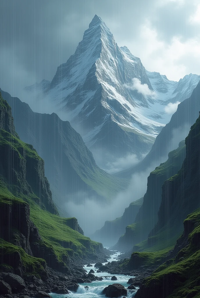 As a landscape of a mountain with rain and that looks real