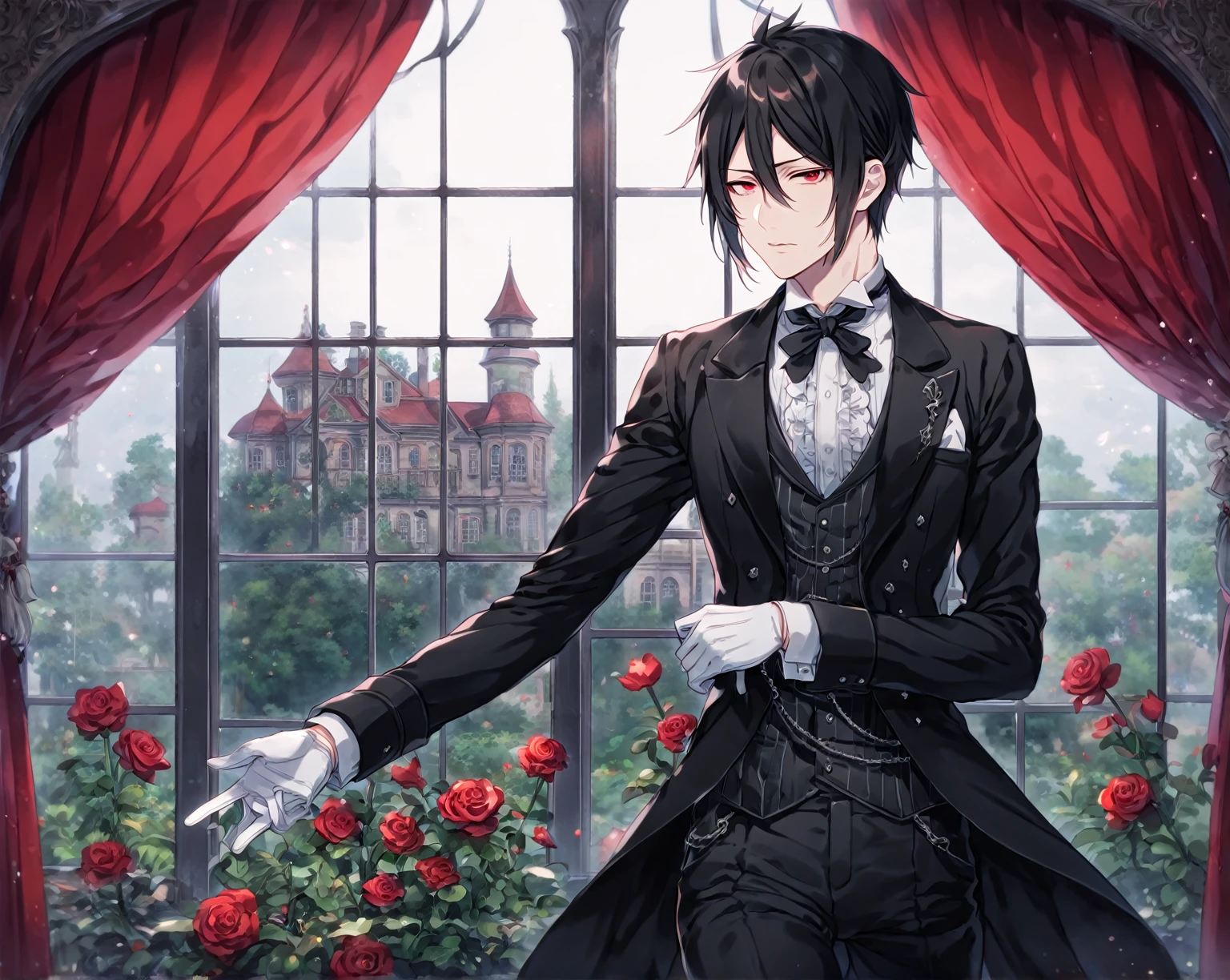 absurdres, highres, ultra detailed, HDR, master piece, Sebastian Michaelis, black hair, expressive red eyes, black clothes, white gloves, black pants, Kuroshitsuji, sexy man, handsome, best quality, fantasy, magical, solo, sensual, window, garden, red curtains, mansion, Black Butler