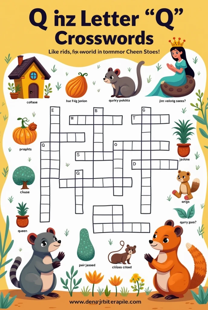 Create a crossword puzzle for first graders, using the letter Q in words, using reference images
