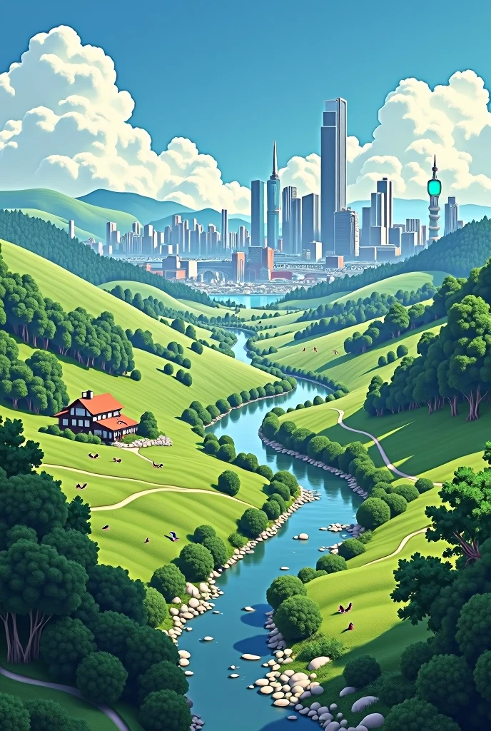 I want an image that half represents the countryside and the other half the city, with a division between them.
