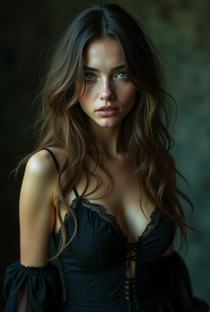 A 4K portrait of a 30-year-old brunette Argentinian woman with rainbow-colored blonde hair and emerald green eyes, dressed in elegant clothing. She is depicted in various terrifying poses, each capturing a different aspect of horror.