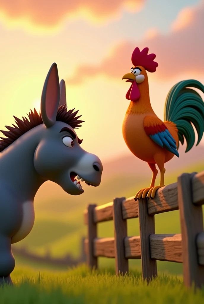 Draw a scene of an angry donkey arguing with a rooster with orange, green and blue plumage on a very pretty farm at dawn. The donkey should have an angry facial expression. The rooster should be very calm, standing on a wooden fence, with its colorful feathers standing out in the design. The farm should be picturesque and detailed, with green fields and a sunrise sky with soft shades of orange and pink, in 3D animated style