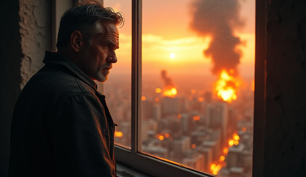 detailed man looking out window, bombs falling on city, explosions, view from inside looking out, realistic, photorealistic, 8k, ultra-detailed, masterpiece, dramatic lighting, cinematic, moody atmosphere, intense colors, dark tones, gritty, apocalyptic, war, chaos, fear, helplessness, powerful emotions
