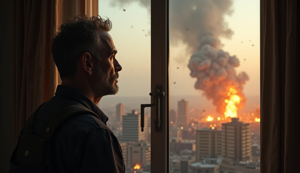 detailed man looking out window, bombs falling on city, explosions, view from inside looking out, realistic, photorealistic, 8k, ultra-detailed, masterpiece, dramatic lighting, cinematic, moody atmosphere, intense colors, dark tones, gritty, apocalyptic, war, chaos, fear, helplessness, powerful emotions