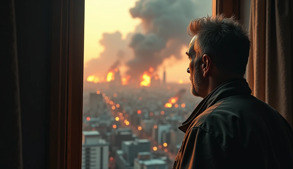 detailed man looking out window, bombs falling on city, explosions, view from inside looking out, realistic, photorealistic, 8k, ultra-detailed, masterpiece, dramatic lighting, cinematic, moody atmosphere, intense colors, dark tones, gritty, apocalyptic, war, chaos, fear, helplessness, powerful emotions