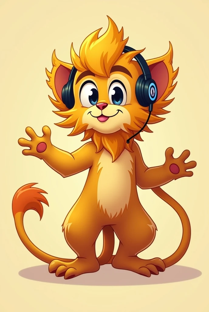 Golden lion tamarin in cartoon form, in a lateral position but with the head turned forward, colored with shades of yellow and orange and using headphones. neutral feature, aspecto rock n roll
