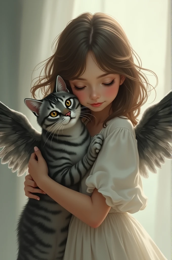 girl with long brown hair, hugging 1 gray tabby slim grandpa cat, black and white with angel wings