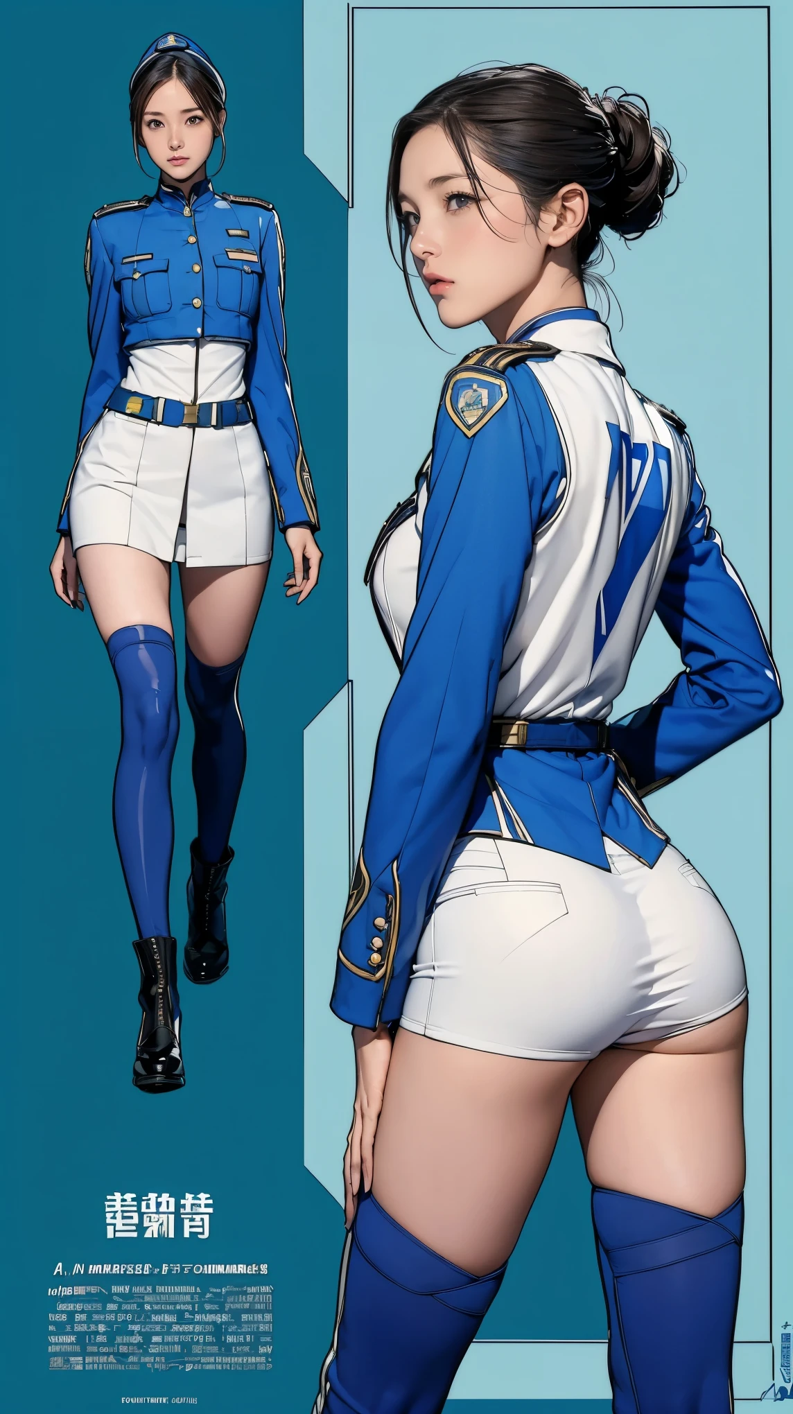 ((masterpiece)),(((highest quality))),((Reference Sheet, Character Design, front, return, ~ ~ side, Mr..々Hairstyle, Mr..々Performance, Facial Expressions)), 14-year-old girl, Cute type, (Very slim:1.4), (Very small ass:1.4), Realistic buttocks, Medium milk, Short brown hair，Thin thighs, Long legs, It's not a big deal,(A female Earth Federation officer is walking), (Wearing Earth Federation military uniform, White and light blue military uniform),(Worn by federal government employees&#39;White Hat:1.5)