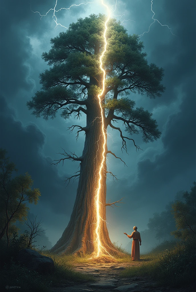 A dramatic scene of a lightning bolt striking a tall tree, causing it to split from top to bottom. The lightning is intense and bright, illuminating the tree and the surrounding area. The tree is depicted with a powerful impact, showing a clear fissure running vertically down its trunk. The background should include dark, stormy clouds to enhance the dramatic effect, with a sense of movement and energy in the scene."