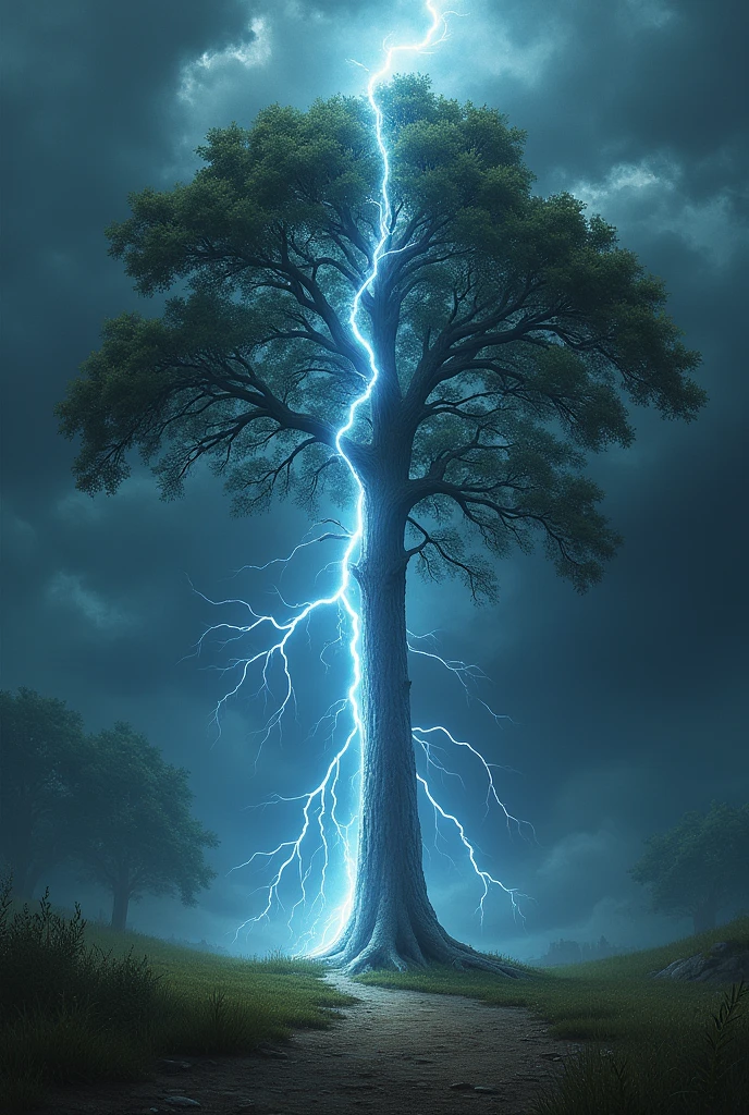 A dramatic scene of a lightning bolt striking a tall tree, causing it to split from top to bottom. The lightning is intense and bright, illuminating the tree and the surrounding area. The tree is depicted with a powerful impact, showing a clear fissure running vertically down its trunk. The background should include dark, stormy clouds to enhance the dramatic effect, with a sense of movement and energy in the scene."
