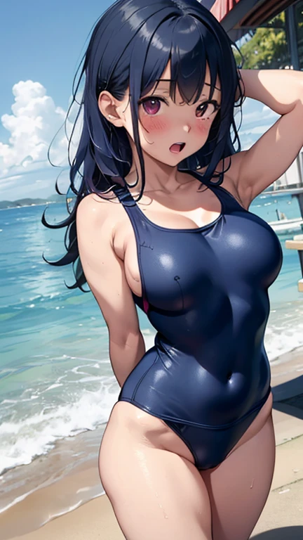 mastute piece,Best Quality,insanely detailed,8k cg,nsfw,
(shoot upper body:1.3),
(1girls:1.3),standing,looking at viewr,body in front,((both arms behind back:1.4)),(navy blue school swimsuit:1.4),(waitress:1.2,apron:1.3),(bare breasts:1.2),break,
blush,shy,(ecstasy face),(trembling:1.2),break,(blue hair:1.2),
break,
perfect breasts,perfect teats,(open mouth:0.9),(large breasts:1.3),
(beach house:1.1)