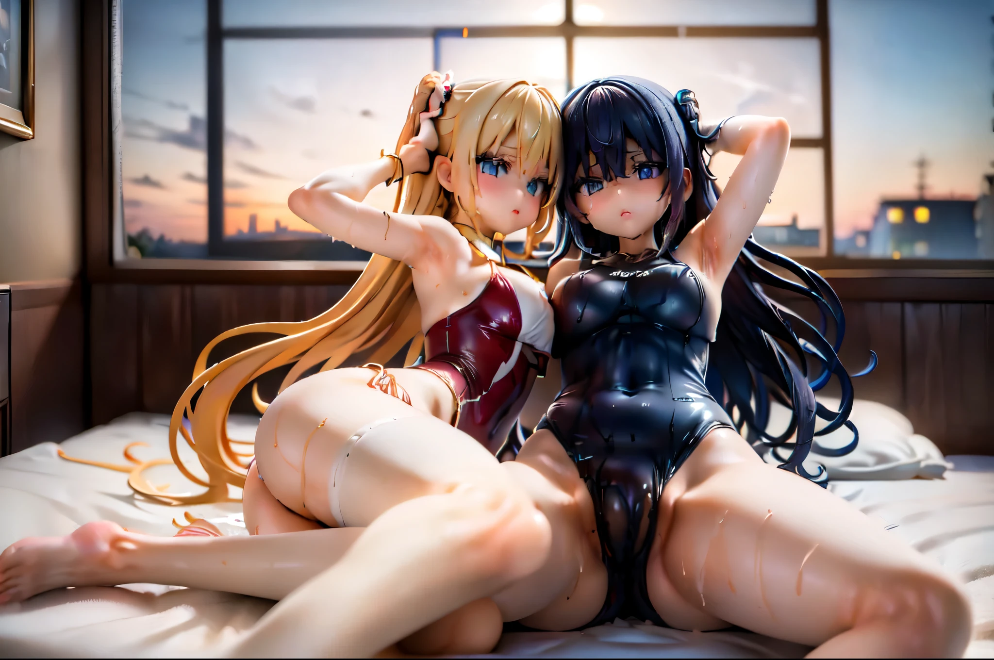 (2 girls:1.9), (2 girls hugging and hold hands:1.5),(Huddle together:1.5), (Lying on a luxury bed:1.5), (Swimsuit:1.5)、(Butt:1.5), (crying:1.5),(masterpiece, Highest quality:1.2), (cowboy shot:1.8), (Highest quality: 1.5), ((Intensive、Close Contact:1.5)), (masterpiece: 1.5), (2.5D)、8k, Official Art, RAW Photos, (((Skin glowing with oil:1.3)))、(A lot of milk all over my body:1.5)、 (best quality:1.2), (arms up, open legs:1.3), ((Sad:1.3))、(Beautiful night view, Huge windows, Luxury bed:1.3)、Soft Light, Beautiful and slim,Lift your hips high, Elegant and sexy, ((((Wet)))), (((spread your legs:1.5))),