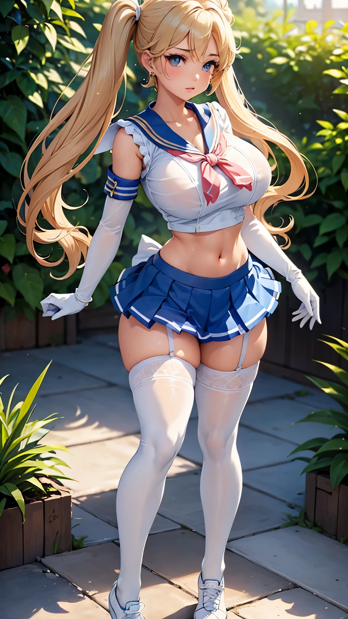 Close up, 1 girl, sailor, Tsukino Usagi, (sailor chiseki uniform:1.2),wet, See-Through top, (aqua eyes:0.9), blonde hair, twintail hair, wedge skirt, best quality, earrings, masterpiece, high resolution, intricate details, (realistic)), photography, (white elbow gloves:1.1), (white stocking:1.1), (high heeled sneakers:1.1), (huge breasts), ((hourglass figure)), ((exposed navel)), full body, dynamic background, dynamic pose, white