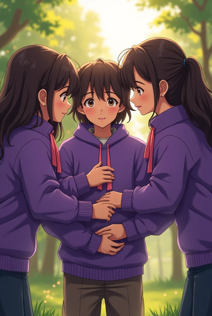 A group of girls with purple sweaters and a ribbon around their wrist forming a chain and protecting even the boy 