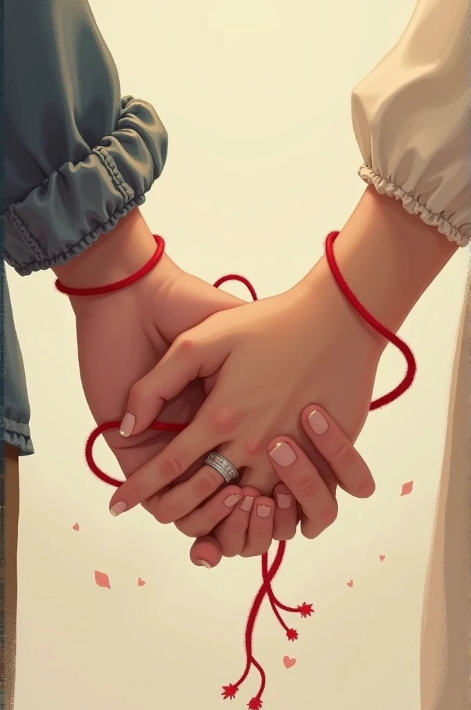 A couple of two young lovers intertwine their hands romantically without their faces being seen, Their hands that are romantically intertwined are surrounded by a red thread of destiny 