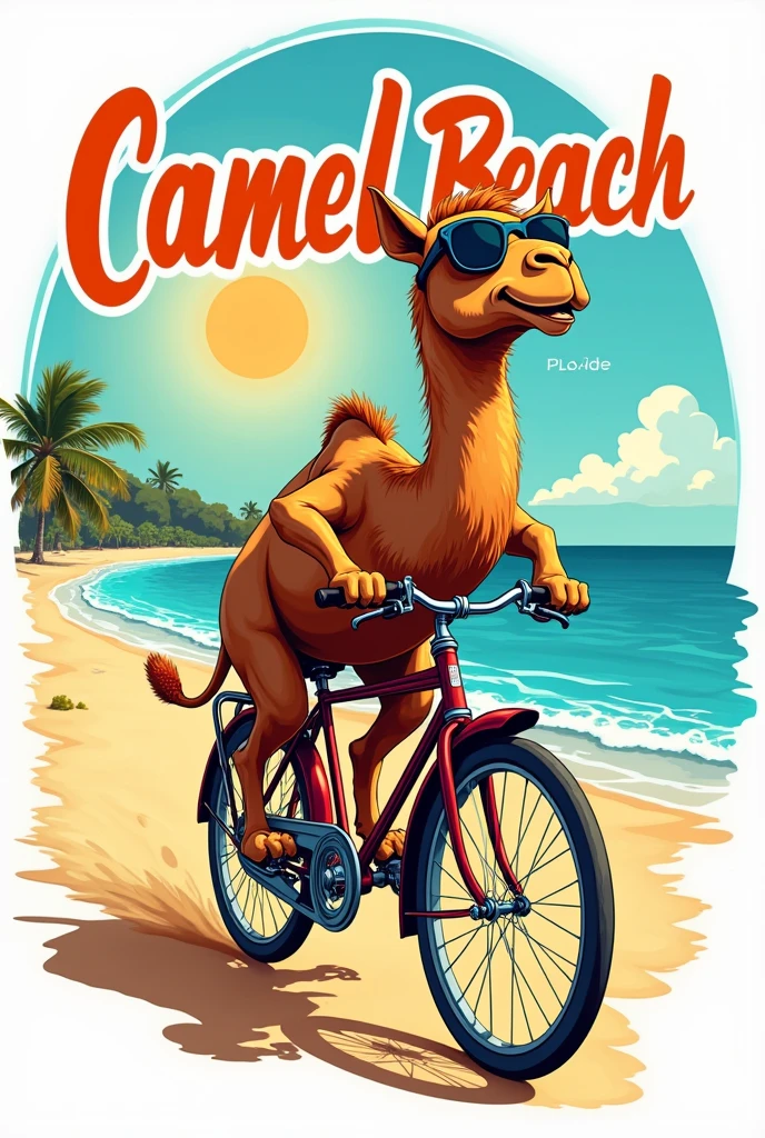 create a circle-shaped brand and inside it have an image of a camel wearing sunglasses and riding an old bicycle down a dirt road surrounded by beach sand and in the background the blue sea the camel is excited making a happy face the sun reflects on the glasses it should say camel beach 20024 the logo should be the same as the hard rock cafe logo should be in the background