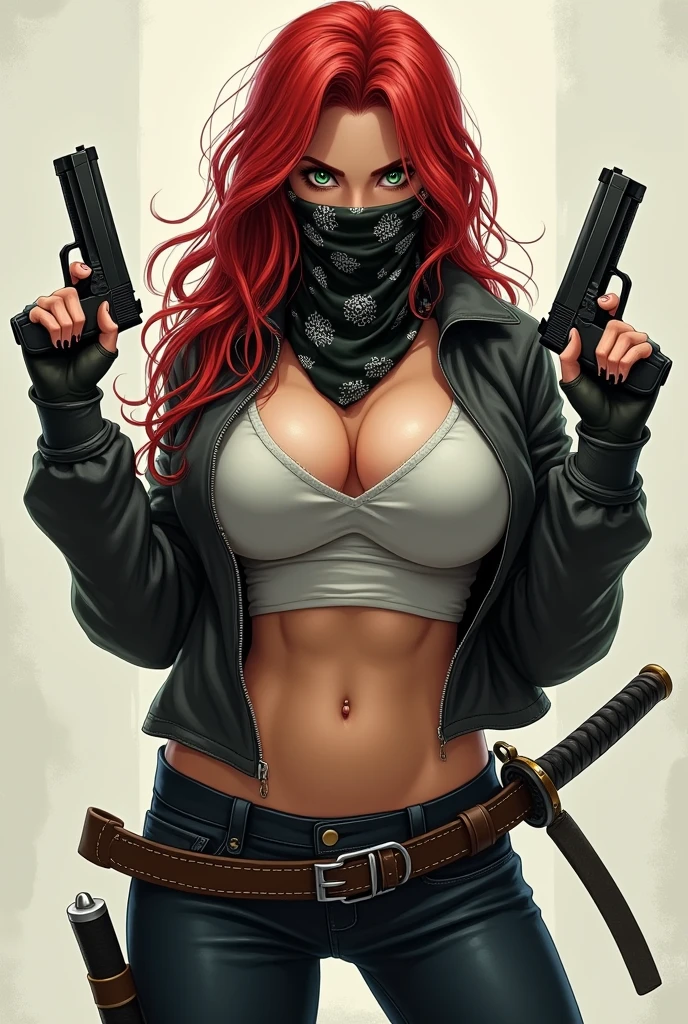 Make a full body drawing of a girl with big breasts, medium height, red hair and green eyes with a bandana covering her mouth and part of her nose., I have a jacket with a shirt with quite a low neckline, holding two Glock 18s in his hands and a katana sheathed on his waist