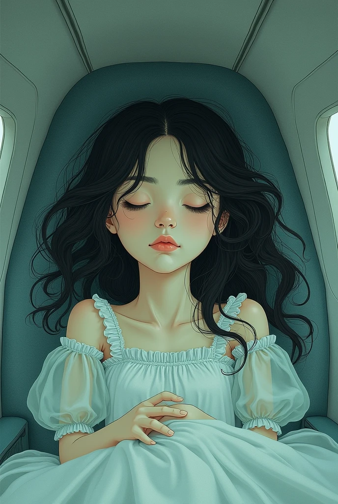 Generate a drawing of the girl who appears in the story of Gabriel García Márquez "sleeping beauty&#39;s plane" q tengo trazos para poder calcar la chica está dormida adentro del avión 🐢 y me refiero a la q se narra en la historia