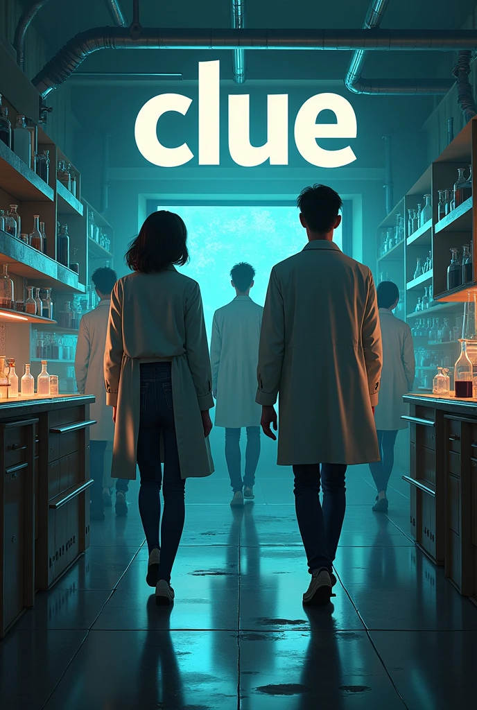 Create a Mystery Lab with 6 Characters, 3 men and 3 women Young and realistic but not so much, Let it be inspired by the Clue game, That above it says “Clue periodic table edition” with the same font and style as the original game, add 3 more people and the title