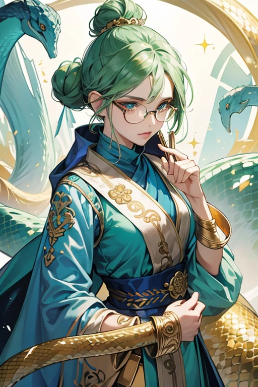 she is a light skin and long green hair, half tied up in a bun and secured with a hairstick. sHe has golden, snake-like eyes and is always seen wearing a pair of gold, ornate, oval-framed glasses.
she is only ever seen with his pet snake, Changsheng, draped around her neck like a scarf. sHe also wears a cropped short-sleeved shirt and indigo pants. Over this she wears a teal-blue sash where his Dendro Vision hangs, and a pale blue jacket, resembling a lab coat of sorts, draped around her shoulders like a cape. sHe also sports golden asymmetrical arm gauntlets, similar to that of Xiao, an anklet and blue flats. SPARKLE; GLITTER