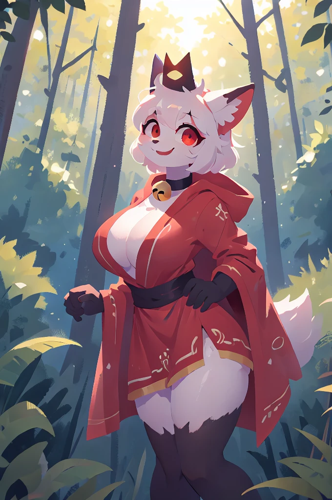 Female white and red kitsune, Mostley white fur, black crown, big breasts, big thighs, big ass, red patterns on body, red swirls on thighs, red tipped ears, 5 white fluffy tails with red tip attached to back of pelvis, five tails, multiple tails, Pretty red eyes, white fur tufts, wearing red and white robe/fleece that covers her chest and thighs and ass, smile,2d,4k,detailed,hi res,absurd res, collar with bell, bell in forest, happy, facing the camera, standing, red bracelet on left arm, tree background, pretty, cult leader,