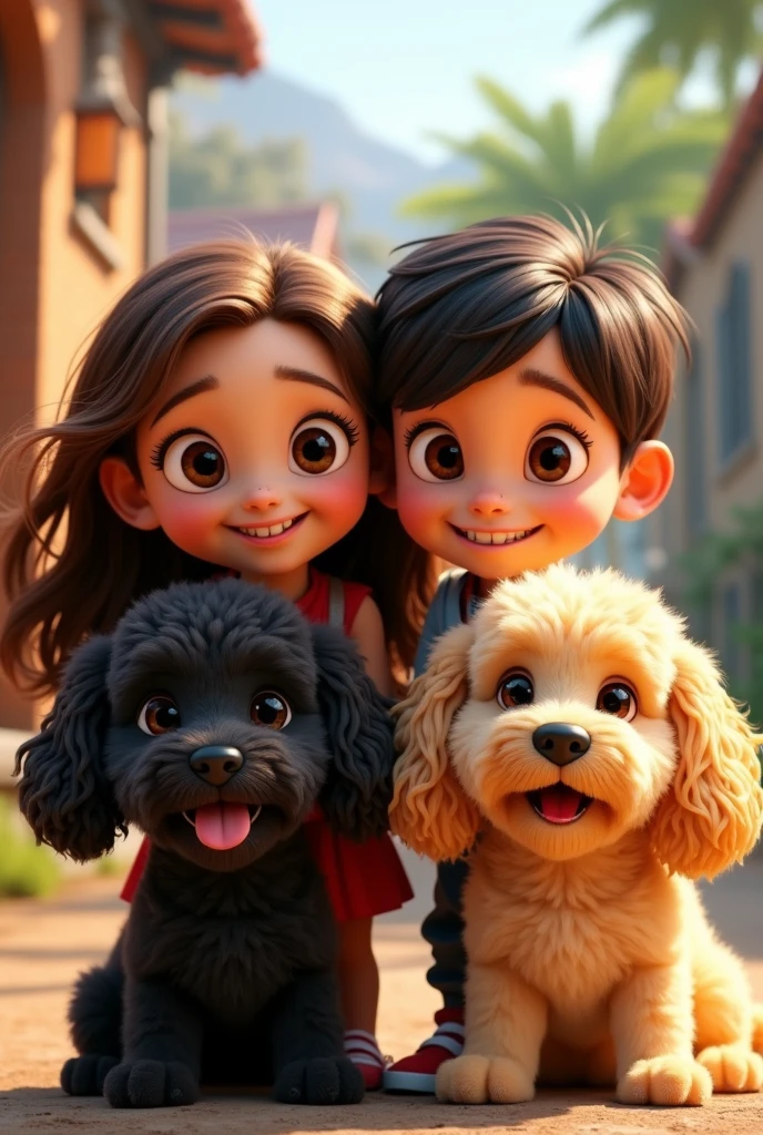 Pixar-type image of a girl with brown wavy hair, black slanted eyes, a boy with black hair, brown eyes, straight hair, and two curly dogs, one black and one blond.