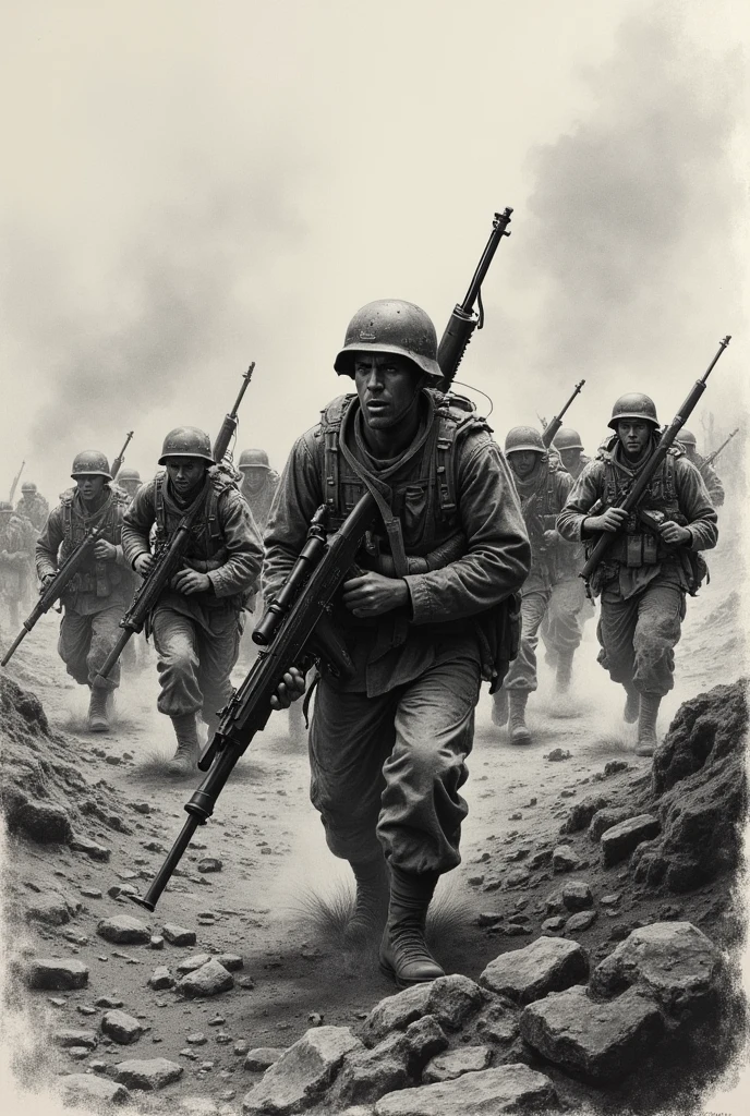 Soldiers fighting on Pacific islands like Iwo Jima drawing