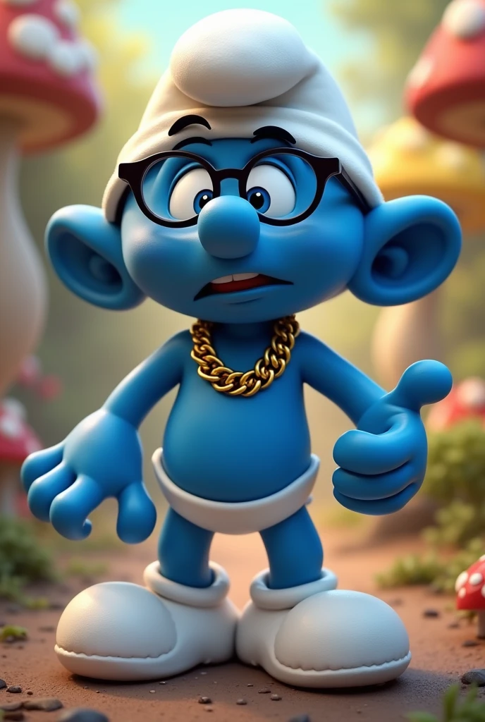 Create a clumsy smurf image in style with a gold chain and black glasses