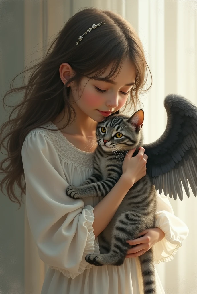 girl with long brown hair, hugging 1 gray tabby slim grandpa cat, black and white with angel wings