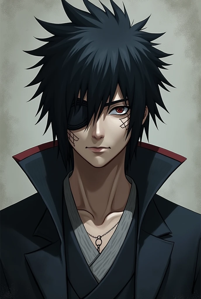  Sasuke Uchiha, A handsome 30 year old man with black hair and eyes wearing a dark elegant suit, His face is covered in scars and he wears an eye patch.